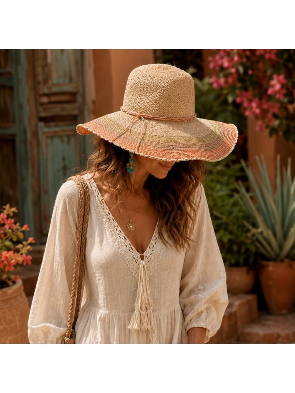 Scala Ombre Raffia Style Packable Sun Hat Boho Resort Beach Floppy Brim